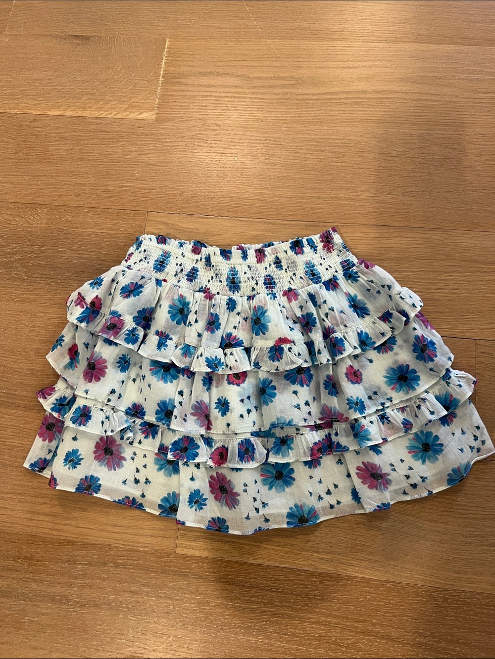 LoveShackFancy Floral Tiered Ruffle Skirt - White with Pink & Blue Flowers